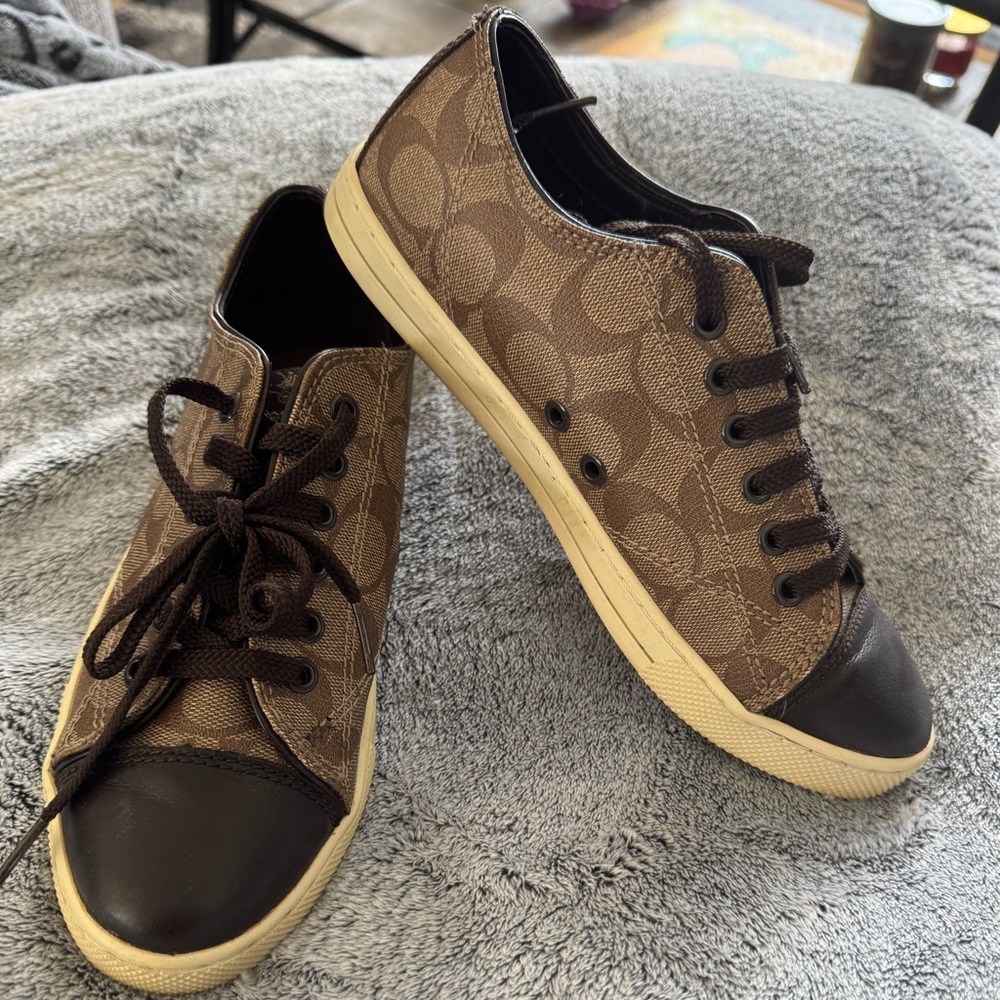 Coach Brown Signature Canvas Lace-Up Sneakers with Black Toe